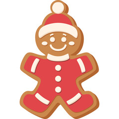 Gingerbread Man Character Wearing Red Santa Hat and Suit with White Icing Trim and Buttons Festive Christmas Cookie Icon Transparent Background