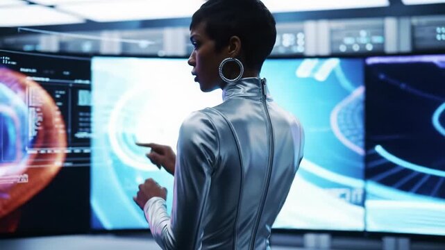 A diverse, gender-neutral professional in sleek attire interacts with glowing holographic displays showing vibrant data streams in a futuristic tech hub, demonstrating mastery and calm control,