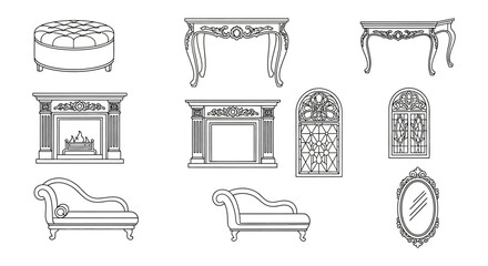 victorian furniture illustration of an interior with a set of victorian style furniture pieces for interior design projects and classic elegance theme