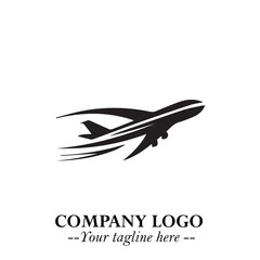 Plane Flying Fast Logo Symbol in Black on the White Background with Dynamic Aviation Design