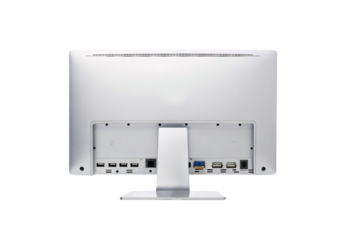 White computer monitor back showing USB ethernet ports and cable management compartments, isolated on a transparent background