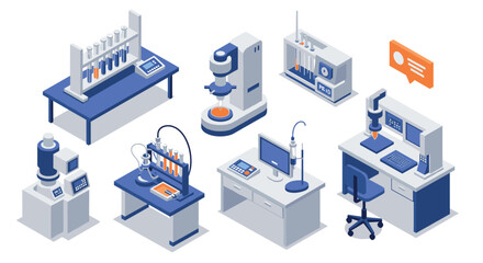 Obraz premium Isometric laboratory equipment and furniture: modern science and research fac…