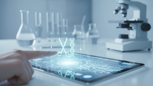 biotechnology concept showing a scientist using a digital tablet with holographic DNA and gene editing icons in a modern laboratory, symbolizing CRISPR innovation and genetic engineering research