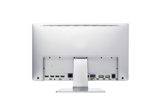 White computer monitor back showing USB ethernet ports and cable management compartments, isolated on a transparent background