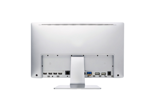 White computer monitor back showing USB ethernet ports and cable management compartments, isolated on a transparent background