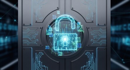 Digital padlock glowing with futuristic circuit board patterns representing secure data and online protection