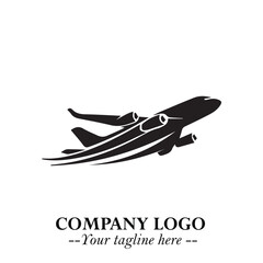 Plane Flying Fast Logo Symbol in Black on the White Background with Dynamic Aviation Design