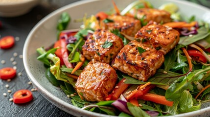 Vibrant plant based stir fried vegetables with tempeh and sesame for healthy meals