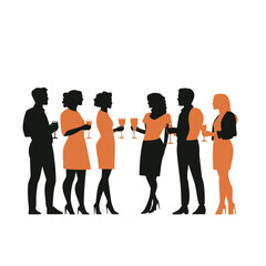 Obraz premium Silhouettes of diverse men and women holding wine glasses in social gathering flat minimalist vector illustration with black and orange outfits on white background