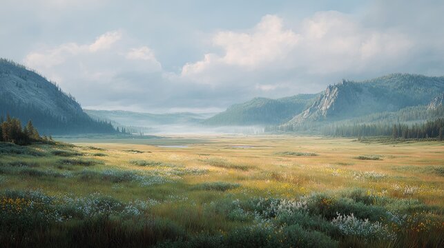 Serene mountain valley with rolling green hills a misty field of wildflowers and scattered pine trees under a soft cloudy sky - Powered by Adobe