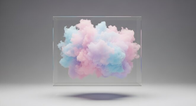 Abstract pastel colored smoke or clouds contained within a clear glass cube against a neutral background
