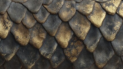 Close up view of a textured surface resembling overlapping dragon scales with a mix of dark gray and golden metallic hues