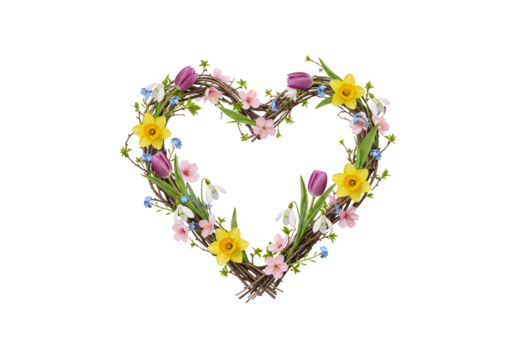Rustic twig wreath adorned with purple tulips, yellow daffodils, pink blossoms, and small blue flowers arranged artistically, isolated on a transparent background