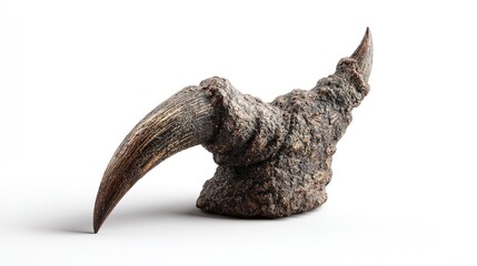 Obraz premium Ancient dinosaur fossil claw fragment with textured surface and sharp point on white background