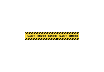 Yellow and black diagonal striped danger tape with repeated warning text pattern, isolated on a transparent background