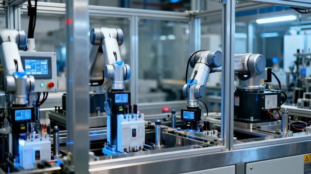 Closeup view of automated machinery testing circuit breakers in a factory highlighting advanced technology in quality assurance for switchgear systems.