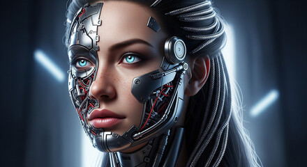 Advanced Humanoid Cybernetics Digital Art Portrait Future Technology Bionic Enhancement Cyborg Design Implants Futuristic Integration Mechanized Interface Transformation Dystopian