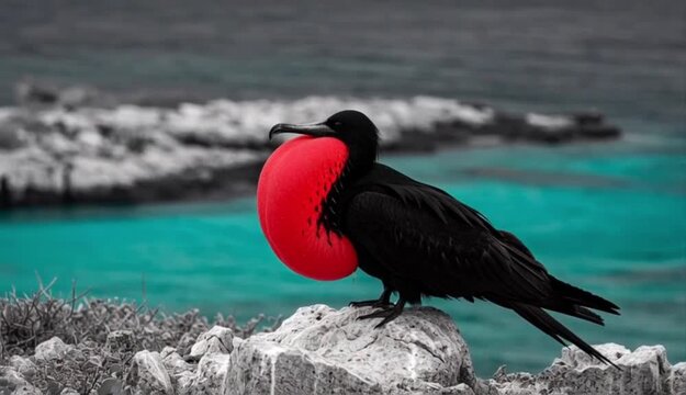 Magnificent frigatebird with inflated red throat pouch perched on a rock at the seaside