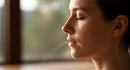 Woman exhaling visible breath in profile view