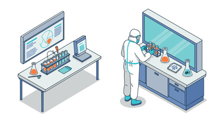 Obraz premium Modern laboratory setup with scientist conducting experiments in isometric style