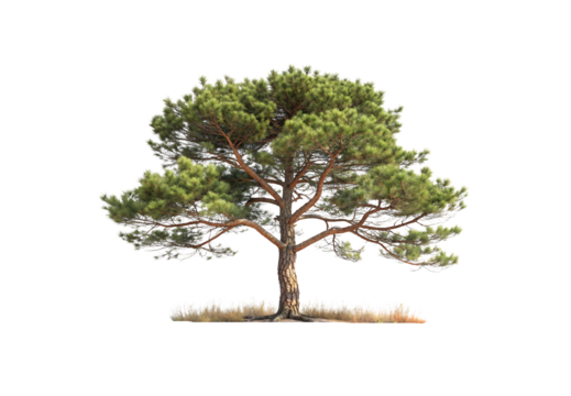 Mature pine tree with spreading branches and lush green foliage, isolated on a transparent background