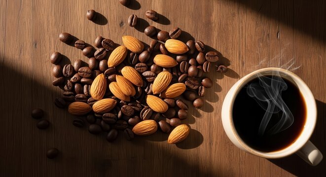 Aromatic Coffee Cup with Almonds Coffee Beans on a Wooden Surface in the Morning