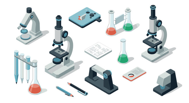 Isometric scientific lab equipment set with microscopes and beakers