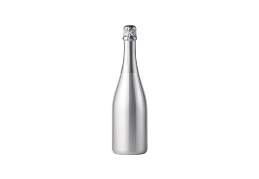 Champagne bottle featuring brushed aluminum appearance with decorative silver foil cap and wire cage, isolated on a transparent background