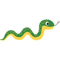 Green and yellow cartoon snake with yellow patterned scales and black eyes flicking its tongue with a transparent background