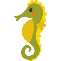 Fototapeta premium Green And Yellow Seahorse Cartoon Vector Illustration With Cute Face And Curled Tail On White Background