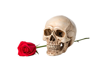 Obraz premium Human skull holding red rose stem in teeth creating dramatic romantic mortality symbolism imagery, isolated on a transparent background