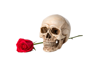 Human skull holding red rose stem in teeth creating dramatic romantic mortality symbolism imagery, isolated on a transparent background