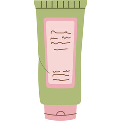 Green and pink cosmetic cream tube with label and cap on transparent background simplified illustration