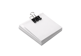 Stack of blank white paper sheets with black binder clip attached on top corner angle view, isolated on a transparent background
