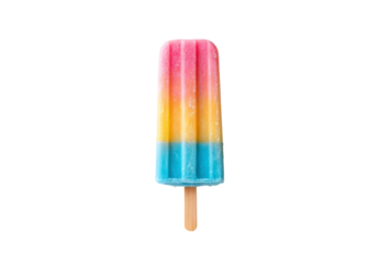 Rainbow striped popsicle with pink, orange, yellow and blue layers on wooden stick viewed straight, isolated on a transparent background