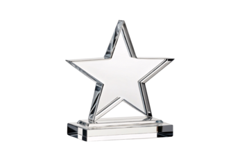 Crystal clear star-shaped award trophy with thick beveled edges on rectangular transparent base with black corners, isolated on a transparent background