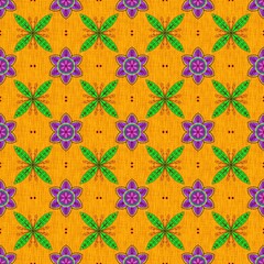 Vibrant seamless floral pattern with bright purple flowers and green leaves on a textured golden orange background, intricate folk art style.