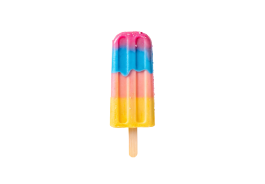 Colorful rainbow popsicle with pink, blue, peach and yellow horizontal stripes on wooden stick, isolated on a transparent background