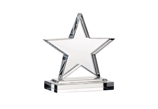 Crystal clear star-shaped award trophy with thick beveled edges on rectangular transparent base with black corners, isolated on a transparent background