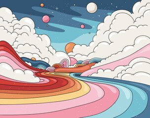 Abstract Fantasy Landscape with Whimsical Planets, Fluffy Clouds and 3d Style Rainbow Path and Wavy Shaped Mountains Vector Poster Background