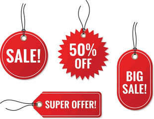 Red sale tags and labels offering discounts big sale super offer 50 percent off for retail promotions vector