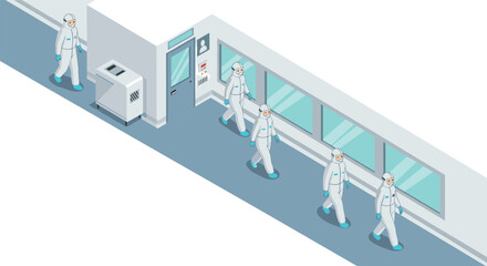 Scientists in isometric clean room environment wearing protective suits