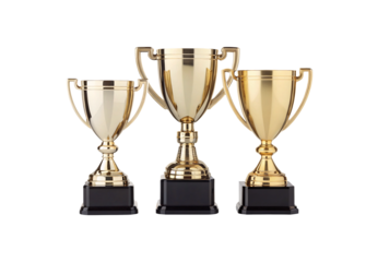 Gold trophy cups first second third place awards black bases, isolated on a transparent background