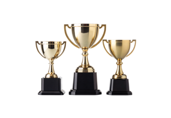 Three golden trophy cups championship awards black pedestals, isolated on a transparent background