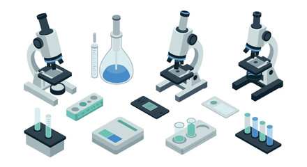 Isometric set of laboratory equipment with microscopes and glassware for scie…