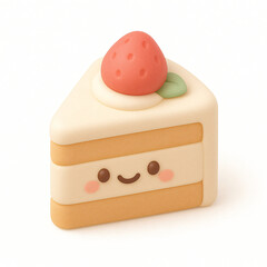 Cute Cartoon Strawberry Cake Slice with Smiling Face and Leaf
