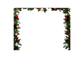 Obraz premium Christmas garland frame border with pine branches, ornaments, lights, festive holiday decoration arrangement, isolated on a transparent background