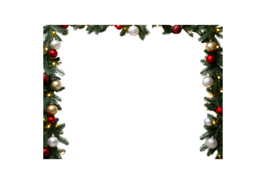 Christmas garland frame border with pine branches, ornaments, lights, festive holiday decoration arrangement, isolated on a transparent background