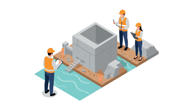 Construction site planning with engineers in hard hats on isometric terrain