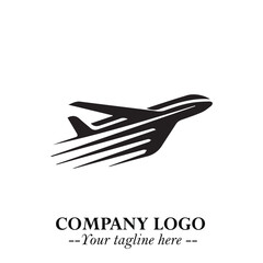 Plane Flying Fast Logo Symbol in Black on the White Background with Dynamic Aviation Design